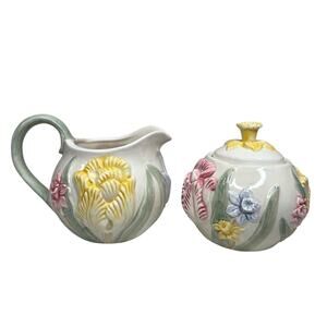 Vintage Fitz & Floyd FF Floral Embossed Creamer & Sugar Set w/ Lid Floral